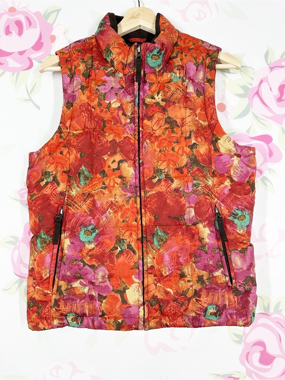 Eddie Bauer Floral Goose Down Quilted Puffer Lightweight Vest in Orange & Pink S
